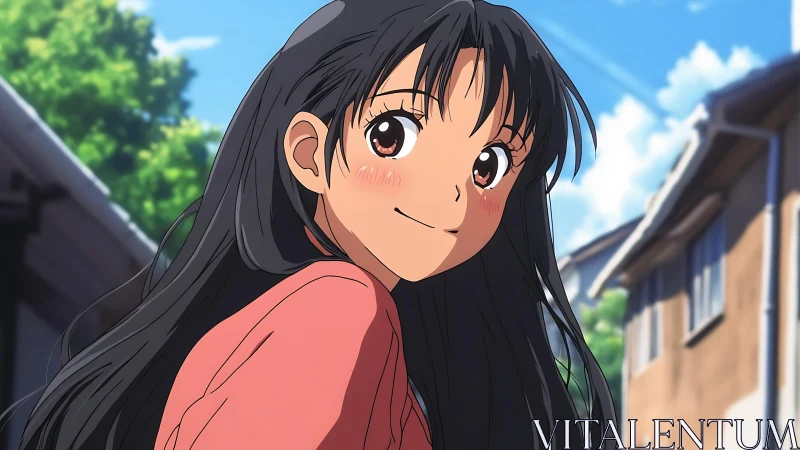 Anime girl on street with residential houses under sky.