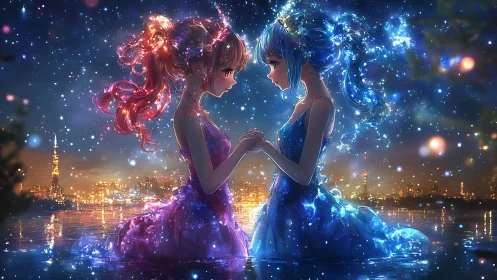 Two luminous girls facing each other on a night lake.