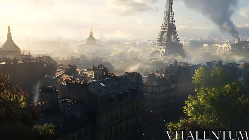 Paris urban panorama with Eiffel Tower under hazy sky.