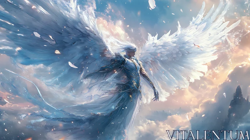 Radiant winged guardian rises gracefully through glowing skies