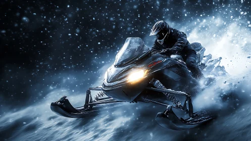 Snowmobile rider carves through a blizzard in electric blue light