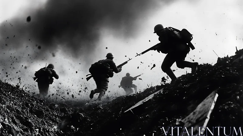 Storm-swept soldiers claw through a shrapnel-torn horizon.