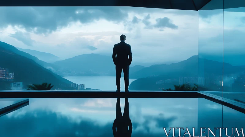 Silhouetted executive surveys dawn cityscape over misted bay