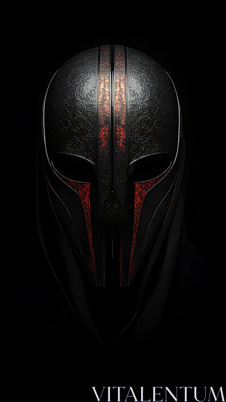 Dark futuristic metal helmet with red glowing details.