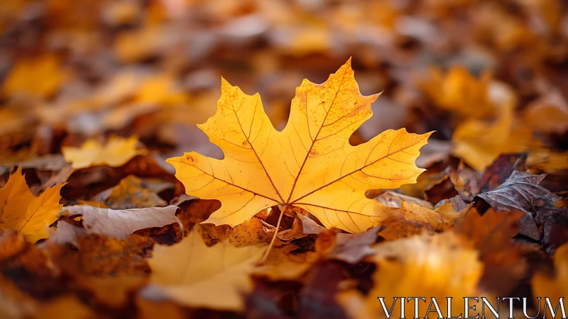 Single yellow maple leaf on forest ground in shallow focus.