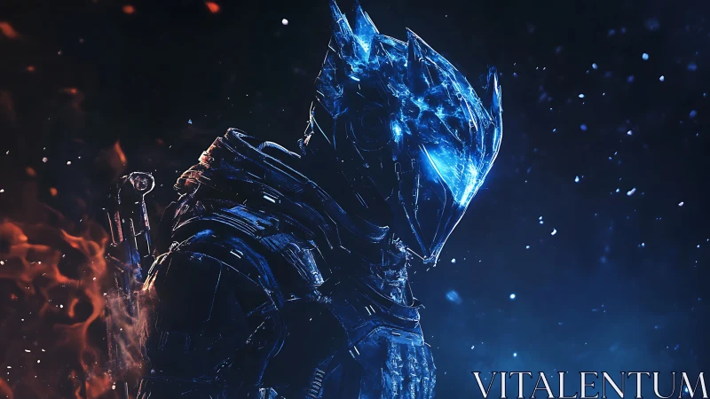 Ice armored warrior with fiery blue helmet glow profile.