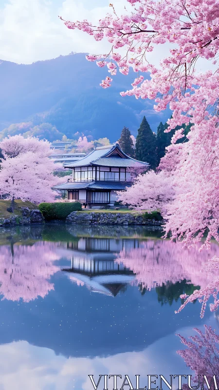 Serene Japanese lakeside temple reflects under pink sakura bloom