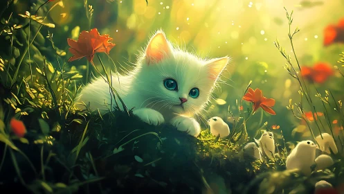 A Curious White Kitten Discovers a Magical Garden