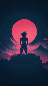 Silhouetted warrior before large pink moon in mountains.