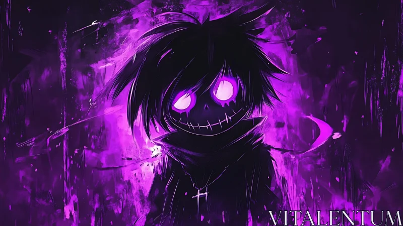 Digital painting of neon-eyed shadow figure in violet haze.