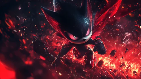 Dark hedgehog character runs through fiery exploding debris