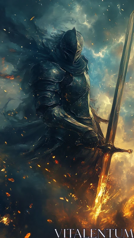 Armored dark knight with flaming sword in swirling embers.