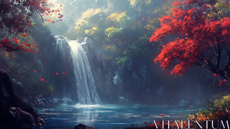 Crimson trees quietly crown a mist soaked waterfall dream