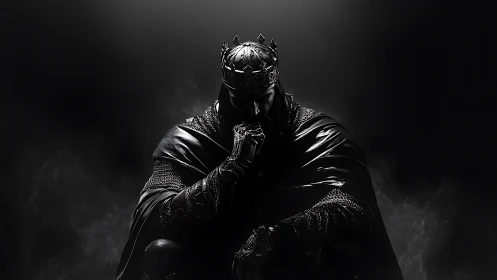 Brooding armored king sits in shadowed, smoky darkness