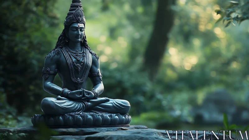 Stone statue of meditating figure in forest clearing.