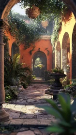 Sunlit cloister garden with ivy-draped arches and fountain.