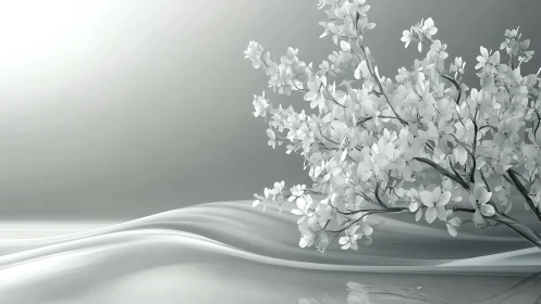 Porcelain blossoms drifting above silken silver waves.