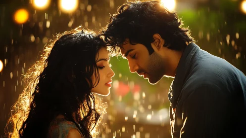 Cinematic Intimate Moment: Couple in Rain With Luminous Ambient Backlighting.
