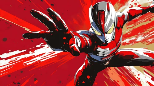 Heroic silver and red armored figure lunging forward fast.