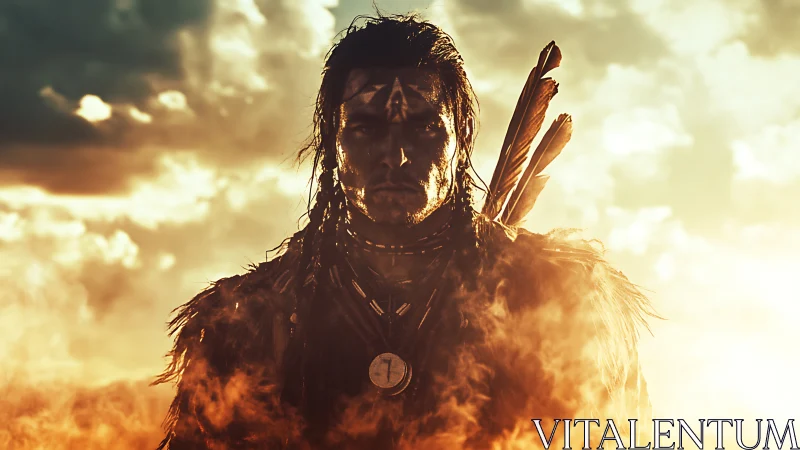 Backlit warrior silhouette in ember-laced atmospheric haze.