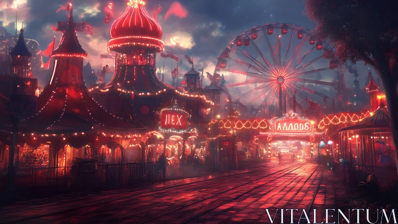 Nocturnal carnival street glows under moody cloudy sky