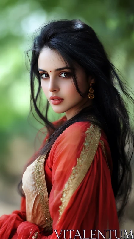 Photorealistic portrait, woman in red sari, shallow depth of field