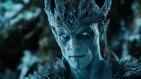 Iceborn lich king portrait with glacial crown and stare.