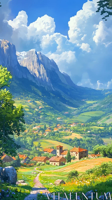 Digital pastoral valley with village under towering mountains.