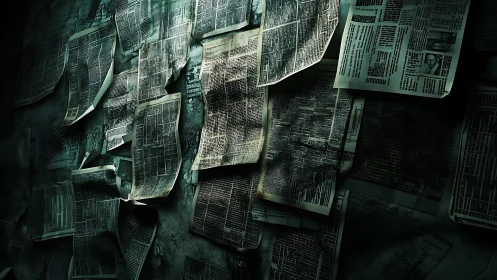 Dark wall of weathered newspapers under moody light.