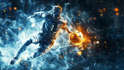 Soccer player in motion with glowing ball and energy effects.