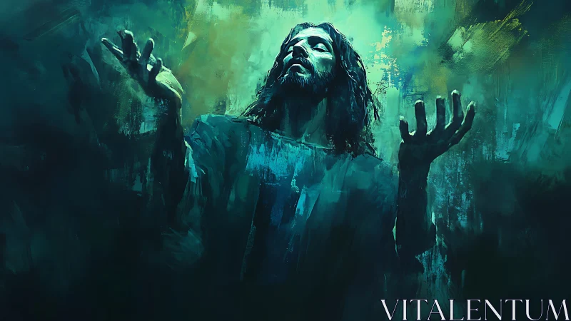 Expressive messianic figure rendered in teal atmospheric brushwork