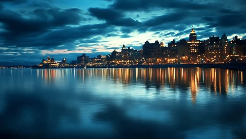 Coastal city skyline at dusk reflected on calm water.