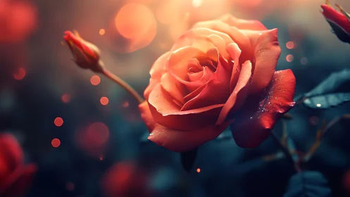 Coral Rose with Bokeh Particles in Warm Light