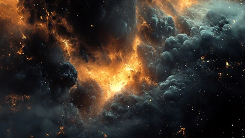 Fiery cosmic nebula tears through dense storm clouds