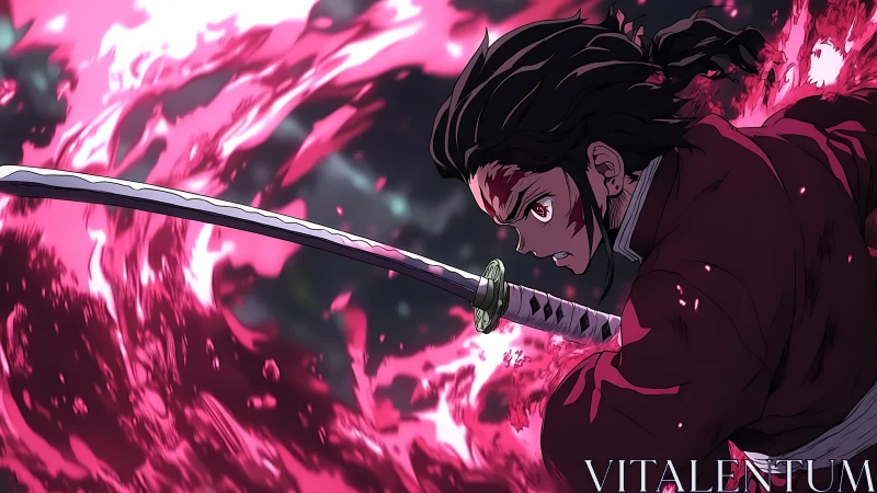 Swordsman unleashes crimson energy slash in dynamic charge