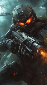 Armored space warrior charges forward with blazing resolve