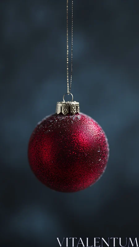 Glistening red ornament hangs softly in cozy holiday light