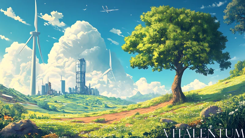 Eco-futurist landscape with wind turbines and green megastructure.
