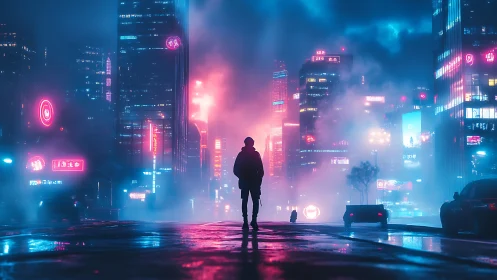 Solitary figure in neon lit foggy cyberpunk city street.