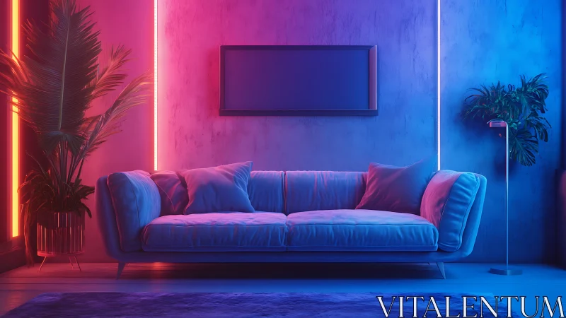 Neon-lit modern sofa scene shows mixed blue and magenta lighting