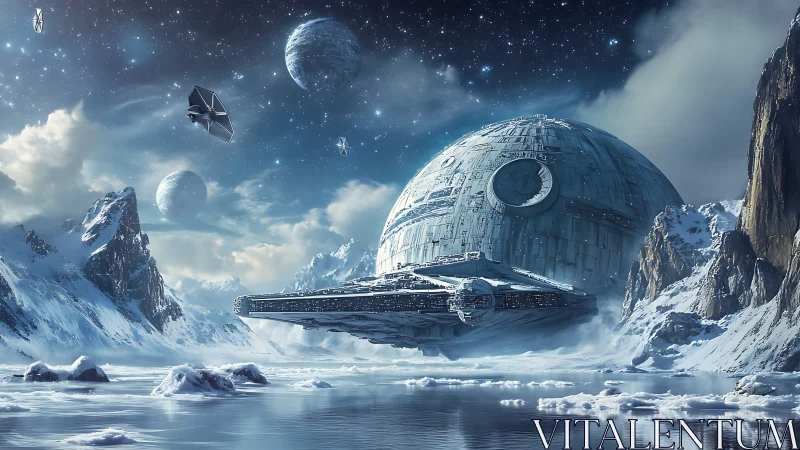 Colossal icy starbase under distant frozen planetscape.