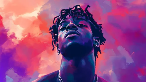 Bold digital portrait of man against vivid neon sky.