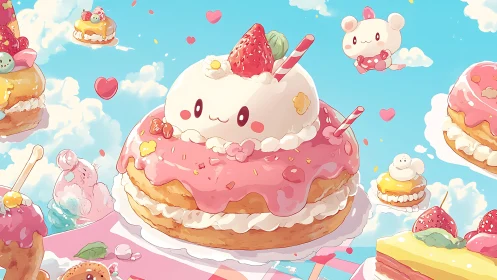 Kawaii strawberry cream pastry stack in floating dessert sky