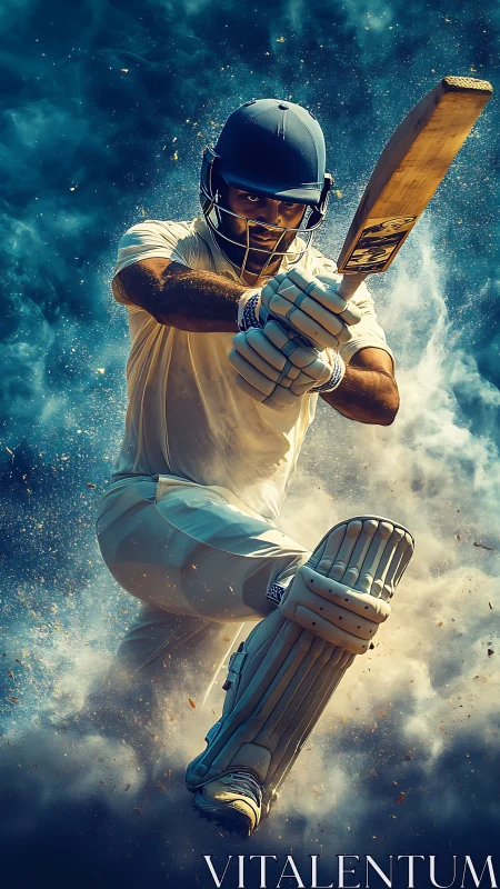 Powerful cricket batter leaps into a dramatic, smoky swing