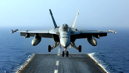 Carrier-based fighter jet launches over deep blue ocean runway.