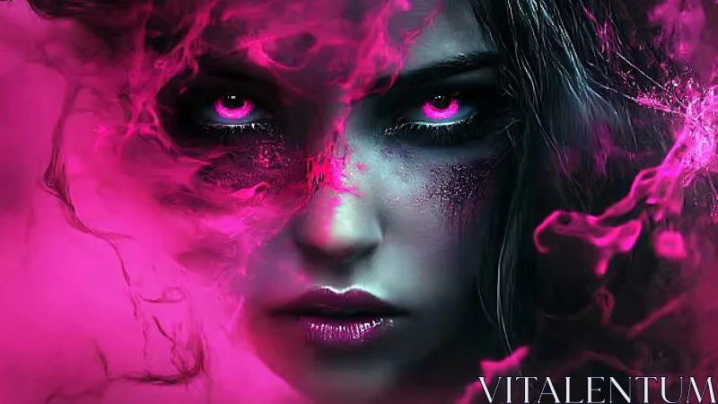 Intense female face in vivid pink mystical smoke glow.