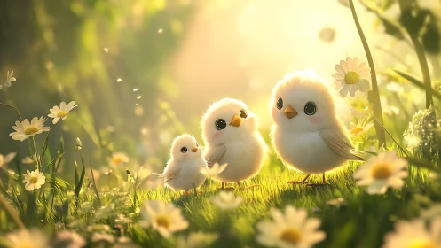 Fluffy songbird trio under golden backlit meadow glow.