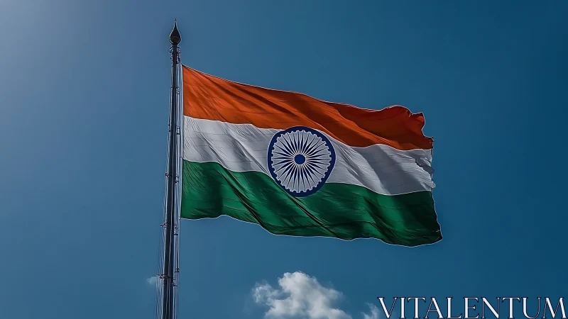 Indian tricolour flag on flagpole against clear blue sky.