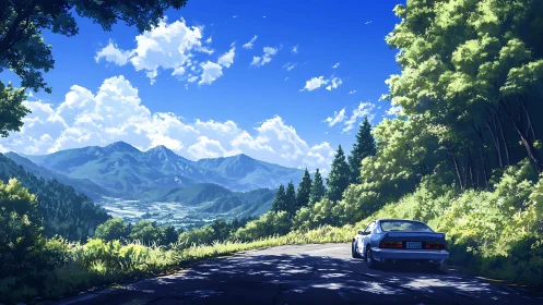 Car on mountain road overlooks forested valley and distant peaks