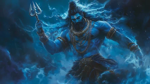 Storm-lit blue deity strides through swirling cosmic mist.